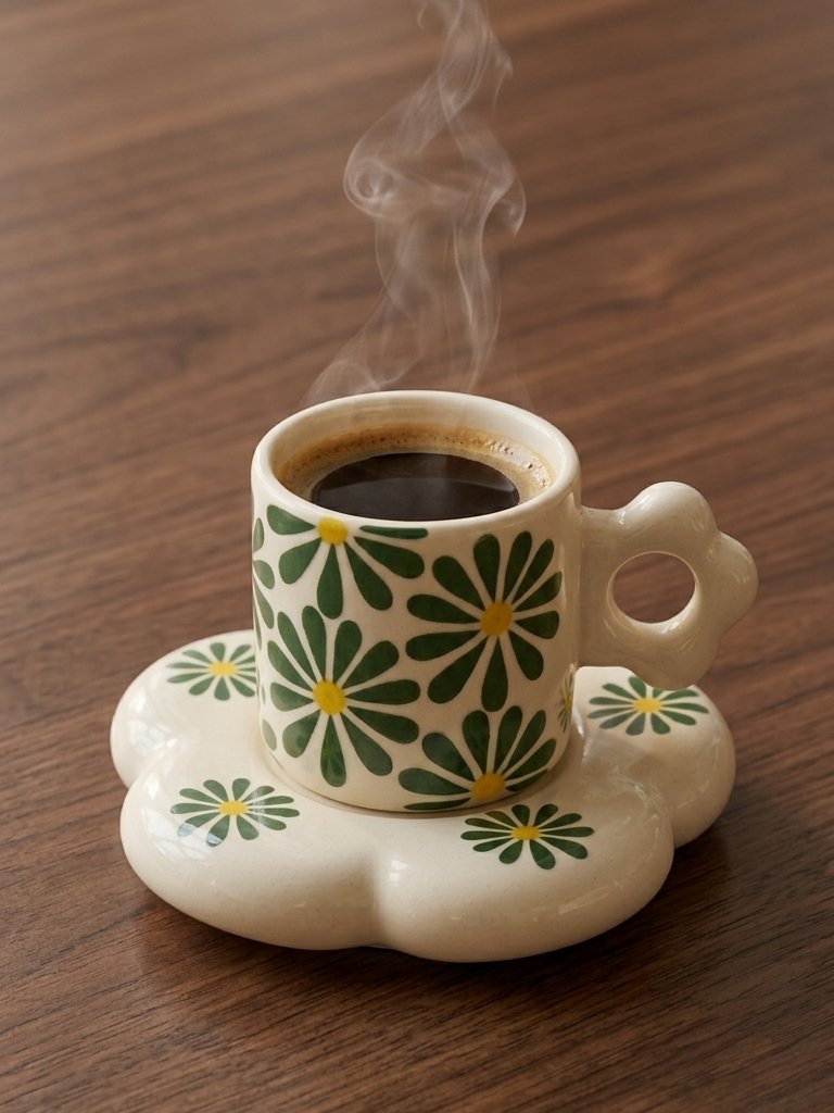 Green Daisy Floral Ceramic Cup & Saucer Set – Designer Coffee Tea Mug Image 7
