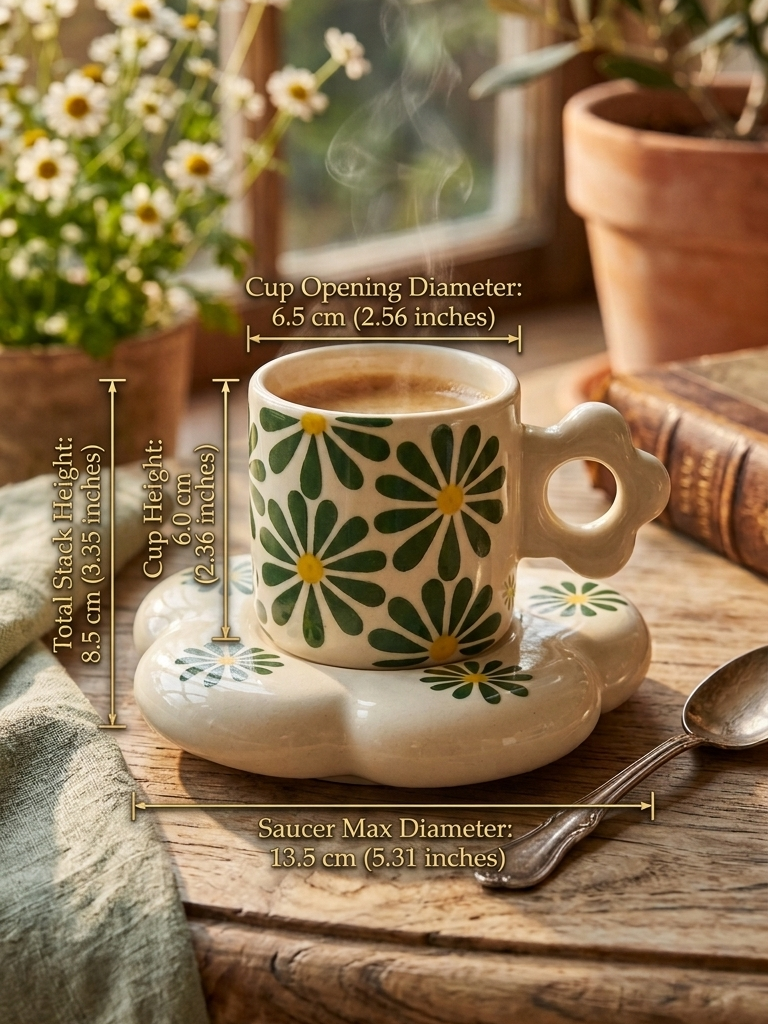 Green Daisy Floral Ceramic Cup & Saucer Set – Designer Coffee Tea Mug Image 2