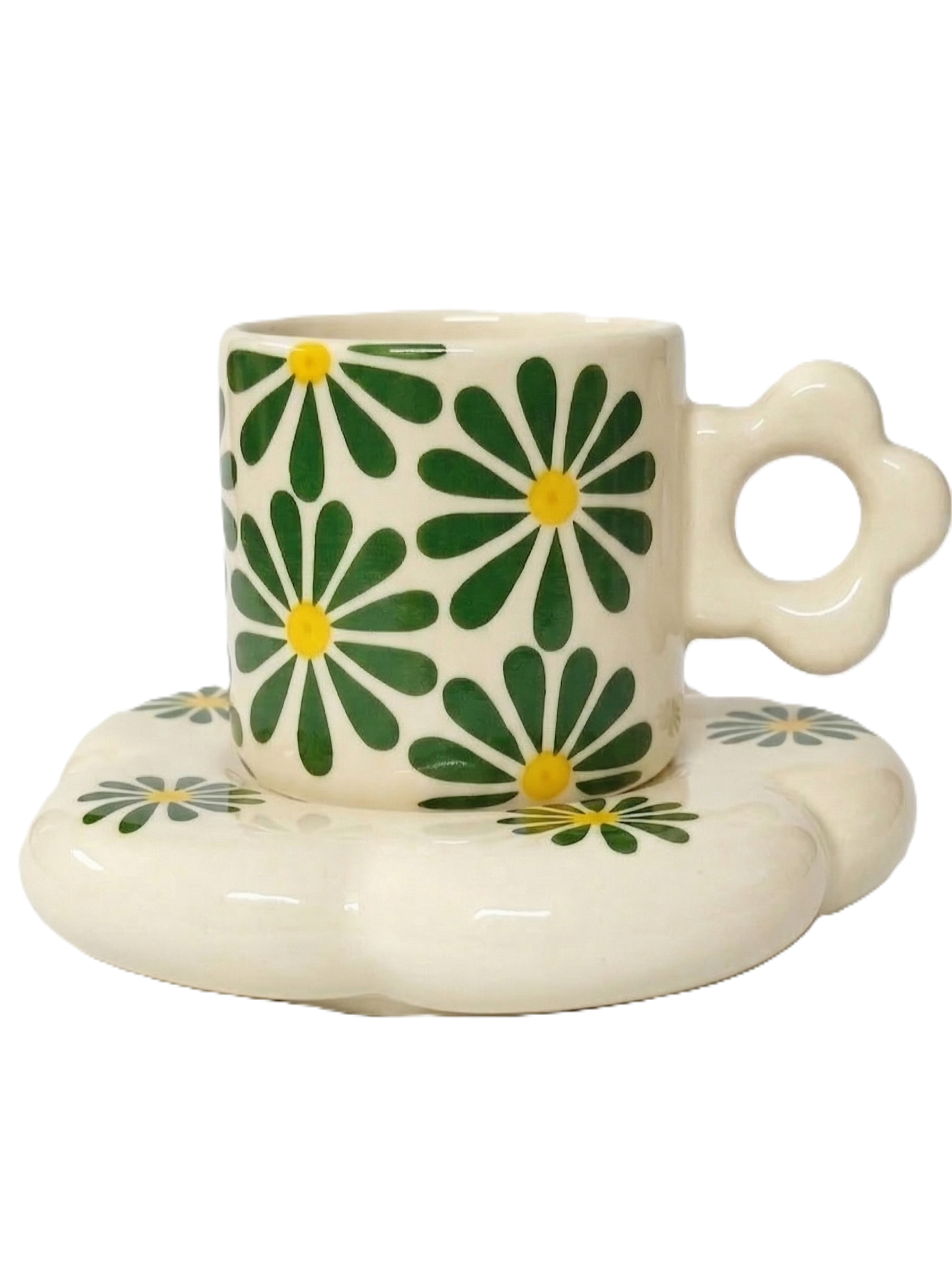 Green Daisy Floral Ceramic Cup & Saucer Set – Designer Coffee Tea Mug Image 1