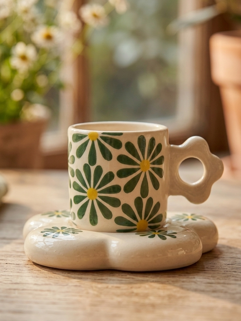 Green Daisy Floral Ceramic Cup & Saucer Set – Designer Coffee Tea Mug Image 3