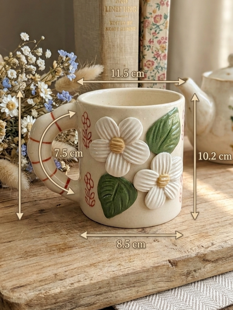 Handcrafted Floral Embossed Ceramic Mug Image 4
