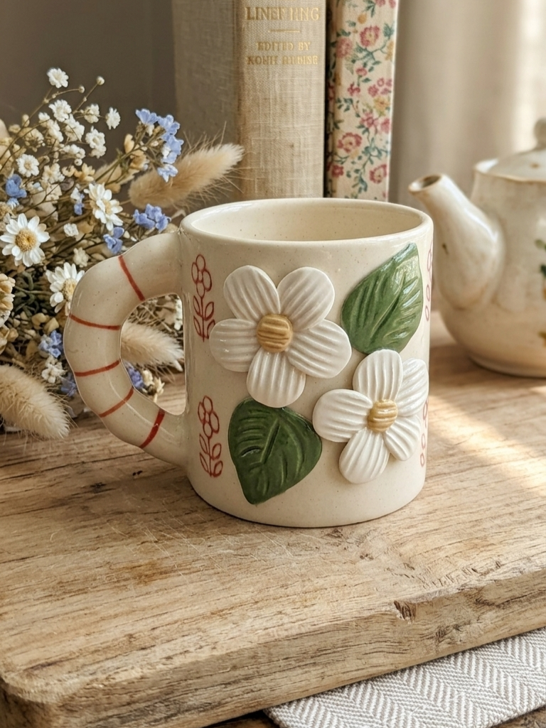 Handcrafted Floral Embossed Ceramic Mug Image 2