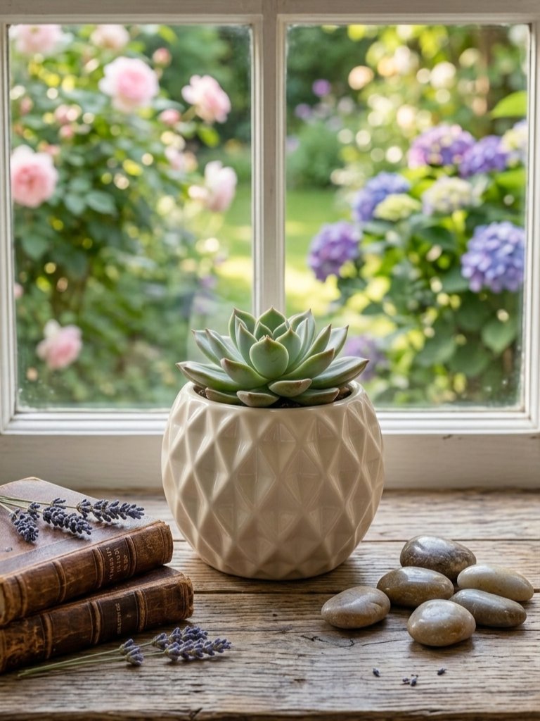 Vintage Diamond Textured Ceramic Planter Image 2
