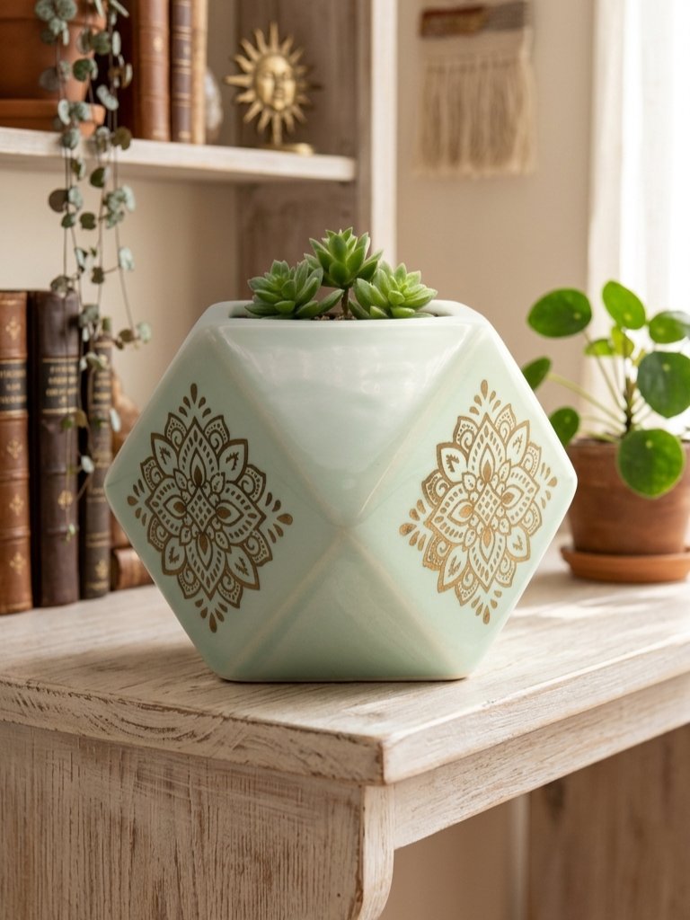 Vintage Geometric Mandala Ceramic Planter Image 1