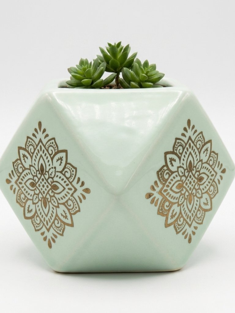 Vintage Geometric Mandala Ceramic Planter Image 4
