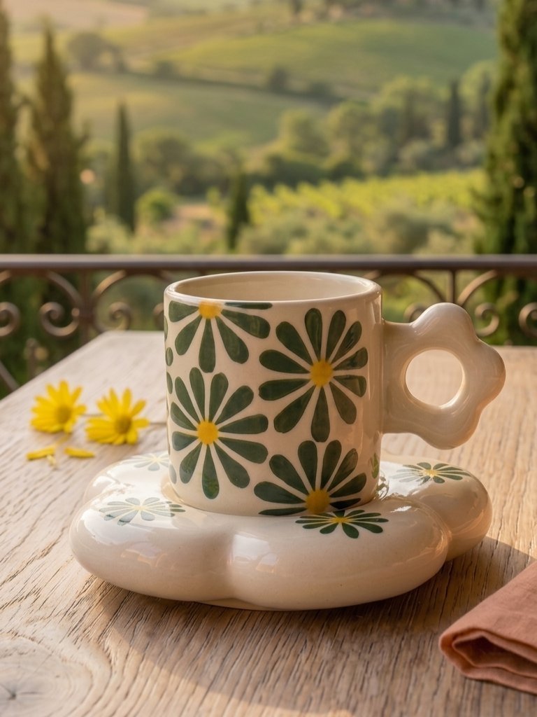 Green Daisy Floral Ceramic Cup & Saucer Set – Designer Coffee Tea Mug Image