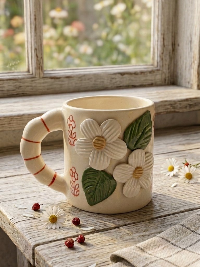 Handcrafted Floral Embossed Ceramic Mug Image